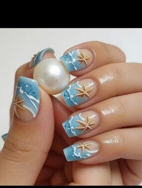 🔥3/$21 Seaside Blue Starfish Press On Nail Set